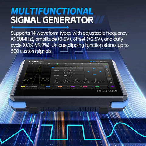 Close-up of 4-in-1 On-The-Go Handheld Oscilloscope with 350 MHz Bandwidth, featuring a digital phosphor display showing waveform.