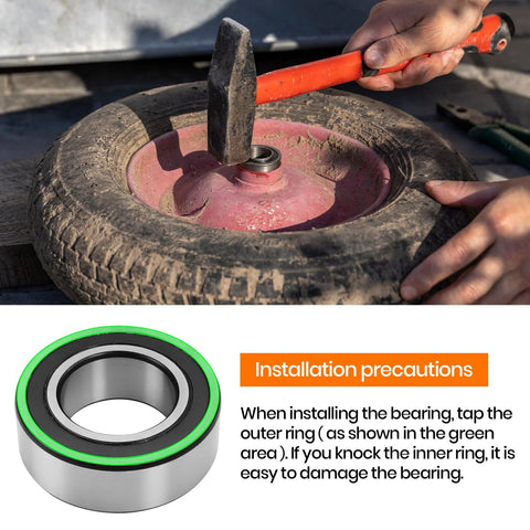 Bearings 4-pack, 3/4 in ID × 1-3/8 in OD carbon steel with green seal for lawn mower wheels (close-up view)