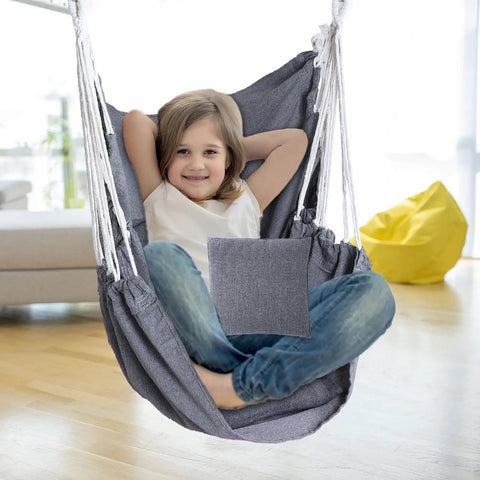 Child sitting in Two Piece Hammock Chair Set With Cushions For Indoor Outdoor Use Large Hanging Rope Swing Seats Gray Supports Up To 300 Lbs
