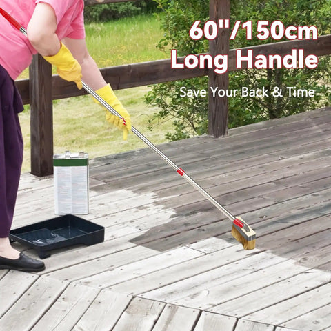 Person using 60 Inch Long Handle Deck Stain Brush Kit With 7 Inch Deck Stain Brush on wooden deck