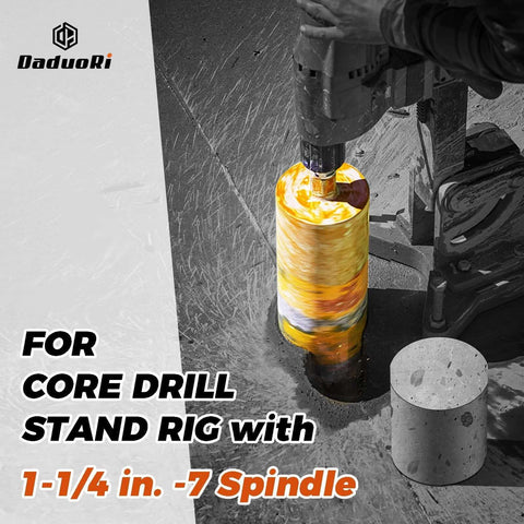 DaduoRi 8-inch wet diamond core drill bit attached to a drill, drilling into concrete with rebar.