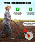 Farmer using Walk-Behind Seed Spreader With 10 Nozzles, hand push seeder in field, durable iron and plastic frame.