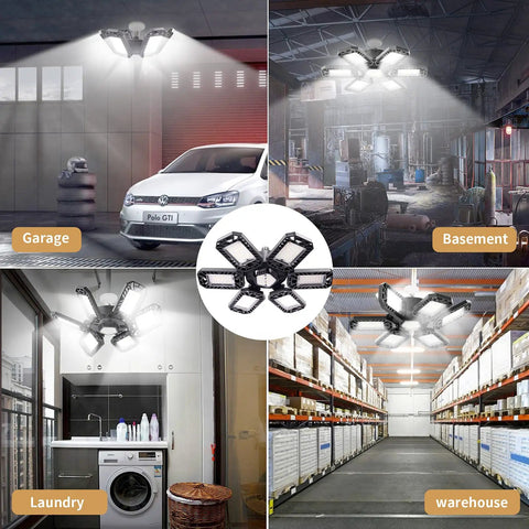 Image of 200W Deformable LED Garage Light With 6 Adjustable Panels illuminating garage, basement, laundry, and warehouse areas.