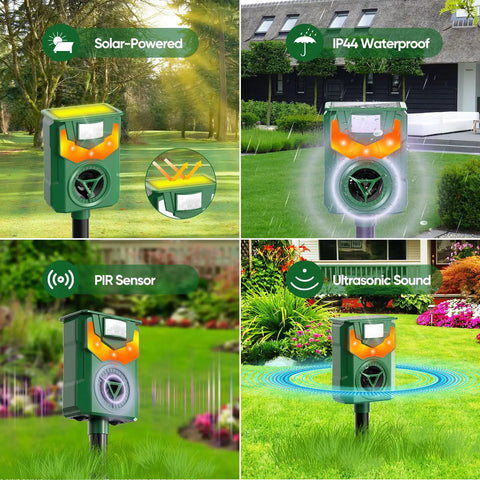 Solar Powered Ultrasonic Animal Repeller With Pir Motion Sensor, Yard Deterrent For Cats, Dogs, Birds, Rabbits, Skunks, Squirrels And Deer, 180 Degree Coverage Up To 26 Feet, Flaming Eye Alarm, Weatherproof Outdoor Pest Deterrent in garden
