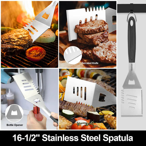15 Piece Heavy Duty Stainless Steel Grill Tool Set With Long Sixteen And A Half Inch Spatula grilling steak and opening bottle