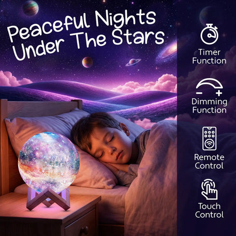 Galaxy Moon Lamp With Multi Colors And Touch Or Remote Control, 5.9 Inch on wood stand as night light by sleeping child