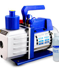 Front view of Hiatsu 7 CFM vacuum pump for automotive AC system, 1/2 HP, 110V, blue and silver with oil bottle