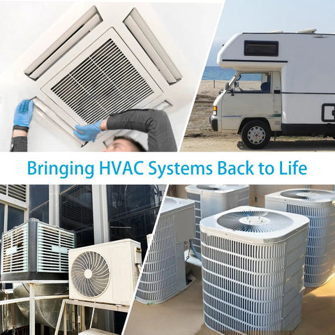 Collage of HVAC systems with rooftop, portable, and wall-mounted air conditioners in various settings.