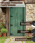 Green wooden door with Set of 4 Antique Cast Iron T Hinges 5.3 Inch Built Tough Heavy Duty Black Powder Coated Flush Mount Hinges attached.