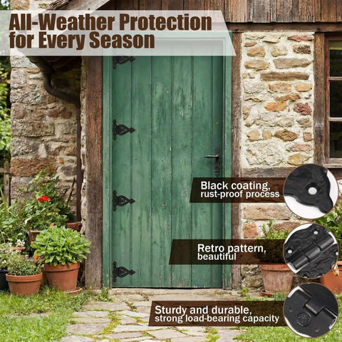 Green wooden door with Set of 4 Antique Cast Iron T Hinges 5.3 Inch Built Tough Heavy Duty Black Powder Coated Flush Mount Hinges attached.