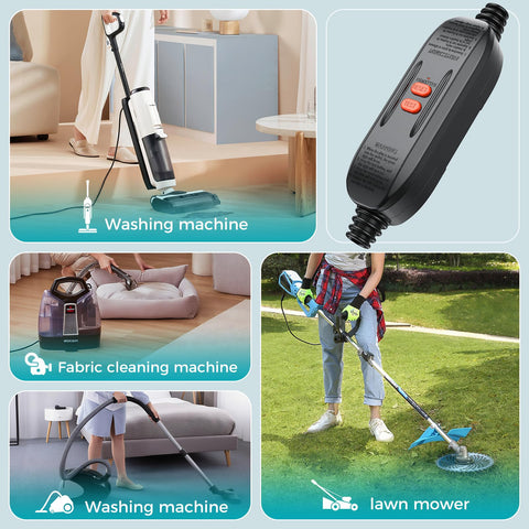 Auto Reset GFCI Plug 15 Amp Ground Fault Protector For Outdoor Power Tools Pressure Washer Hot Tub Air Conditioner Hair Dryer Lawn Equipment And More Safe Industrial Grade displayed with various usage scenarios