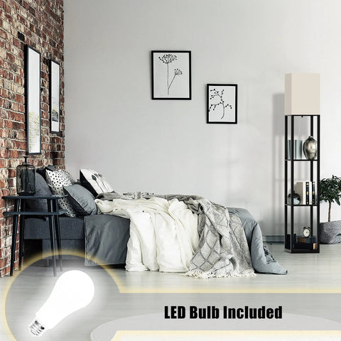 Solid Wood Floor Lamp With Built In Shelves next to a bed in a bedroom, showcasing linen lampshade and LED bulb included, brown finish.