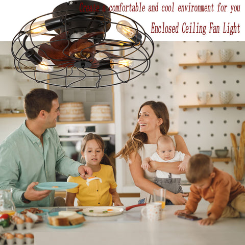 Family dining under Dope 21 Inch Low Profile Farmhouse Ceiling Fan With Lights Remote Control Flush Mount Fandelier Black