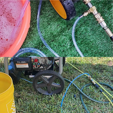 Downstream Soap Injector Hose Kit For Pressure Washers 10 Ft PVC Siphon Hose connected to pressure washer with soap bucket