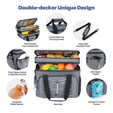 Portable Collapsible Soft Cooler Bag With Double Deck Design For 24 30 60 Cans Leakproof Ice Chest For Beach Camping And Grocery Grey Keeps Ice Cold Up To 12 Hours With Five Layer Insulation