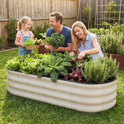 Family gardening with Galvanized Raised Garden Bed Kit For Outdoor Use Metal Planter Boxes 4x2x1 ft Weatherproof Raised Beds