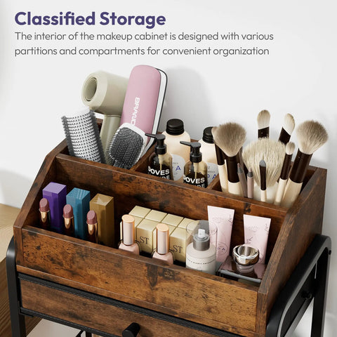 Rolling Makeup Organizer Cart With Wheels For Floor Skincare Storage, Non Woven Drawers, Vanity Organizer And Cosmetic Display Cabinet Holds Cosmetics, Perfume, Nail Polish, Hair Tools And Brushes showcasing interior compartments filled with beauty products.