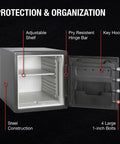Inside view of Built To Last Fireproof And Waterproof Safe Box With Dial Combination 1.23 Cu Ft, showing adjustable shelf and key hooks.