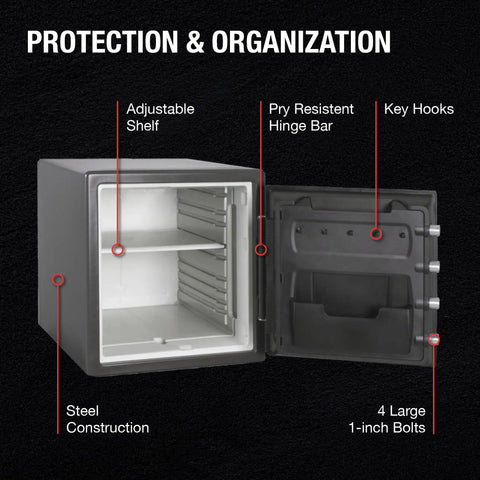 Inside view of Built To Last Fireproof And Waterproof Safe Box With Dial Combination 1.23 Cu Ft, showing adjustable shelf and key hooks.