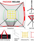 6x6ft Portable Baseball And Softball Net With Sturdy Bow Frame, Hitting, Pitching And Throwing Practice, Includes Batting Tee, Ball Caddy, Two Strike Zones, Family Bundle For Backyard Training with accessories shown.