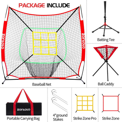 6x6ft Portable Baseball And Softball Net With Sturdy Bow Frame, Hitting, Pitching And Throwing Practice, Includes Batting Tee, Ball Caddy, Two Strike Zones, Family Bundle For Backyard Training with accessories shown.