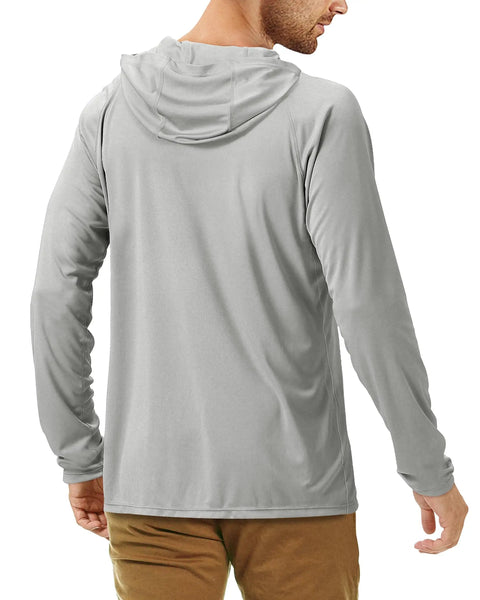 Back view of UPF 50 Plus Long Sleeve Fishing Hoodie For Men in gray, showing hood and lightweight fabric.