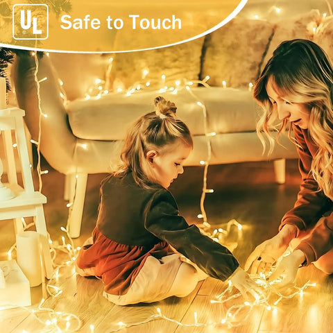 Mother and child decorating with Connectable 200 LED String Lights Indoor Outdoor with Timer, 66ft Warm White Fairy Lights in Clear Wire