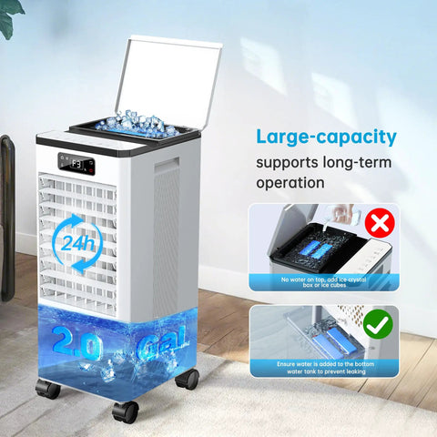 Portable Windowless Air Conditioner 3 In 1 Swamp Cooler with 2 Gallon Water Tank shown in home setting with open lid.