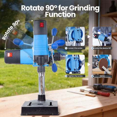 Mini Benchtop Drill Press Kit With 16 Piece All Material Drill Bits, 1200W Motor, showing 360-degree rotation for grinding.