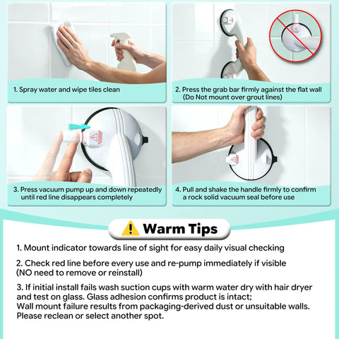 Demonstration of Upgraded Suction Shower Grab Bars For Seniors Monster Grip Stability Visual Safety Indicator setup steps.