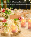 Three Pack Pink Real Wax Flameless Taper Candles with Lifelike Flickering LED Flame in romantic wedding table setting