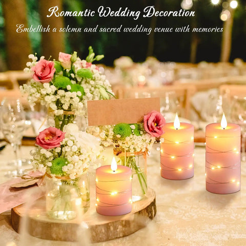 Three Pack Pink Real Wax Flameless Taper Candles with Lifelike Flickering LED Flame in romantic wedding table setting