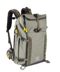 Side view of 35L Hiking Camera Backpack With Removable Inner Insert For Pro DSLR With Grip And Five To Six Lenses Up To 300Mm F2.8 Or One Hundred Fifty To Six Hundred Millimeter Carries 15 Inch Laptop And 10 Inch Tablet Dual Tripod Carry Top Daypack Green