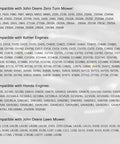 Compatibility chart for John Deere, Kohler, and Honda engines shown on gray background with model numbers listed