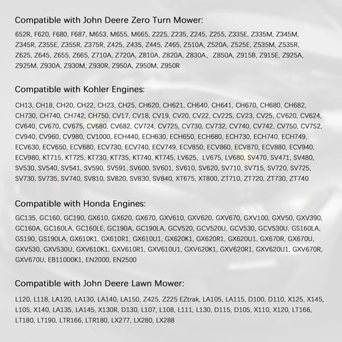 Compatibility chart for John Deere, Kohler, and Honda engines shown on gray background with model numbers listed