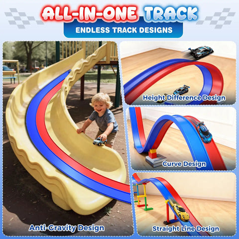 Child playing with Double Sided Flexible Race Track With Strong Suction Cups For Wall Or Window Use 1 64th Diecast Cars