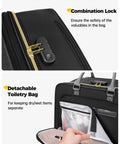 Black MATEIN rolling laptop briefcase with large wheels and a combination lock; detachable toiletry bag shown inside.