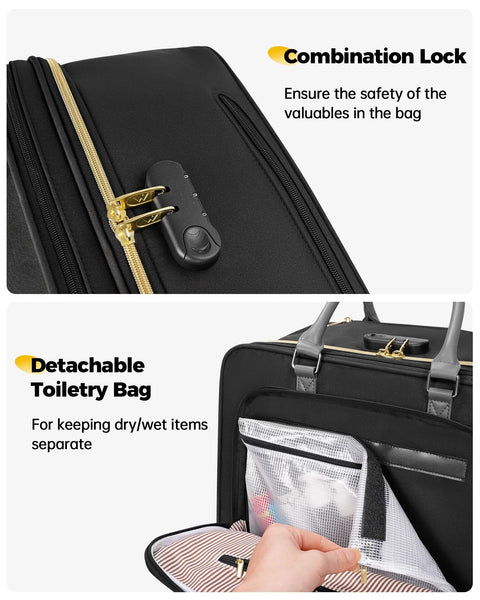 Black MATEIN rolling laptop briefcase with large wheels and a combination lock; detachable toiletry bag shown inside.