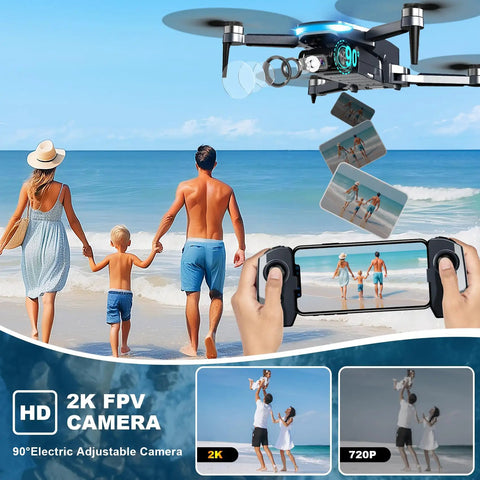 Dope GPS Drone With 2K Camera For Grownups capturing family on beach, foldable FPV drone with auto return, follow me