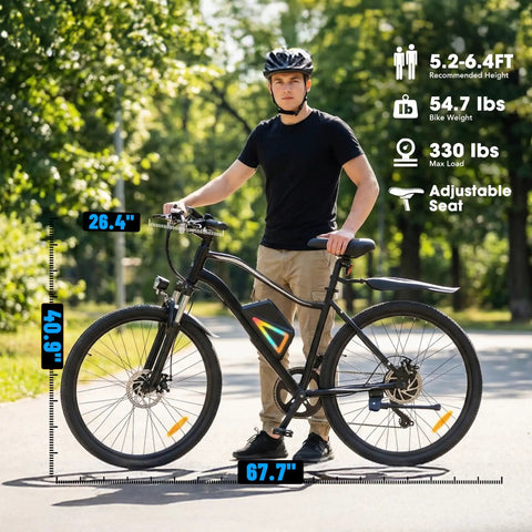 All Terrain Electric Mountain Bike With 1000W Peak Power, 20 mph Top Speed, adult standing beside 26 inch wheels, outdoor setting