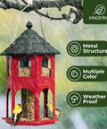 Heavy Duty Metal Bird Feeder For Outdoor Hanging With Circular Perch, Squirrel Proof Chew Proof Design, Weatherproof And Rust Resistant Finish, Easy To Clean And Refill, 4 Lb Seed Capacity, Red. Image shows a red metal bird feeder hanging in rain with birds on it.