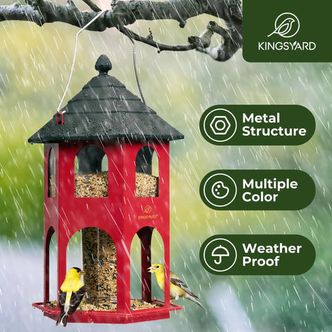 Heavy Duty Metal Bird Feeder For Outdoor Hanging With Circular Perch, Squirrel Proof Chew Proof Design, Weatherproof And Rust Resistant Finish, Easy To Clean And Refill, 4 Lb Seed Capacity, Red. Image shows a red metal bird feeder hanging in rain with birds on it.