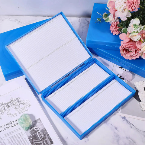 Four Pack 100 Place Microscope Slide Storage Boxes Blue Plastic Slide Organizer Case For Lab Experiments And Analyses With Generous 7.8 By 6.34 By 1.26 Inch Inner Dimensions, open 100-slot box