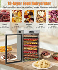 Big Batch 18 Tray Food Dehydrator With Straight Up Precise Temp Control And Adjustable Timer showcases drying meats and fruits.