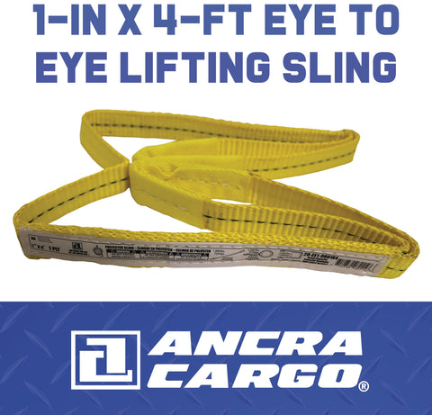 1 Inch by 4 Foot Flat Loop Eye to Eye Lifting Sling with Protective Sleeve in Yellow Polyester Webbing displayed on blue background