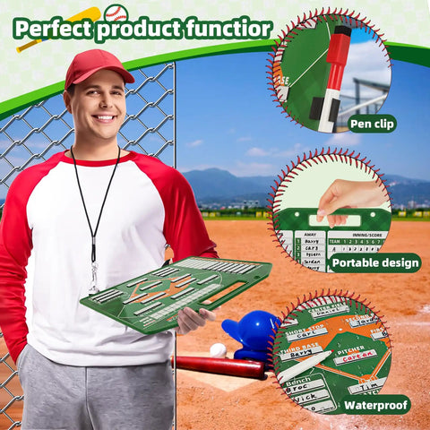 Coach holding Baseball Lineup Board for Dugout with Movable Lineup Cards and Marker Clipboard, showing its features.