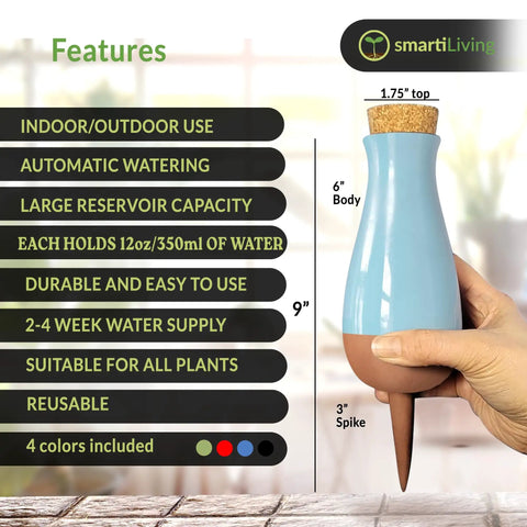 Extra Large Drip Irrigation Stakes No Fuss Easy Refill Four Week Watering System And Large Reservoir Bulbs For Automatic Self Watering Indoor And Outdoor Plants Plus Terracotta Feeder For Consistent Daily Hydration with a hand holding the terracotta reservoir showing the size measurements and features.