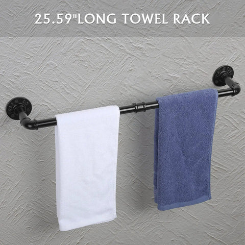 Industrial Pipe Bathroom Hardware Set Seven Piece Wall Mount Kit with 25.59-inch towel rack holding two towels