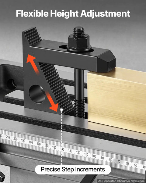 Bulletproof 58 Piece 5/8 Inch T Slot Clamping Kit With 1/2 By 13 Threads For Milling Machine And Drill Press Tables showing adjustable height feature.