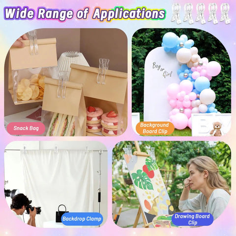 20 Pack Heavy Duty Balloon Arch Clips Plus 100 Multicolored Hot Air Balloons For Instant Birthday Party Setup, Woodworking And Studio Backdrop Spring Clamps That Are Totally Awesome And Ready To Use Right Now, clear plastic clips for snack bags, backdrop, and drawing board